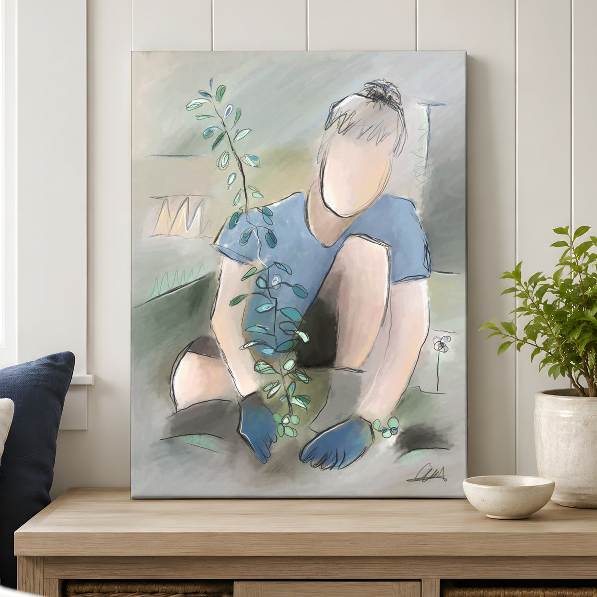 Man Planting a Tree Wall Art | Neutral Palette Canvas Print