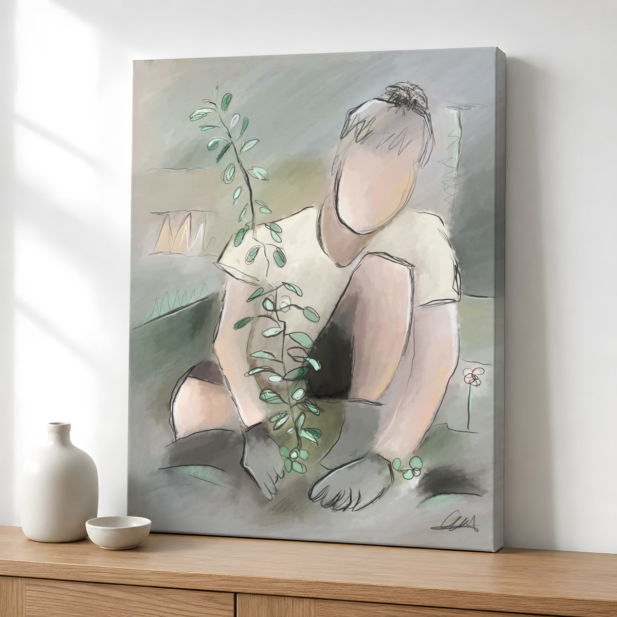 Man Planting a Tree Wall Art | Neutral Palette Canvas Print