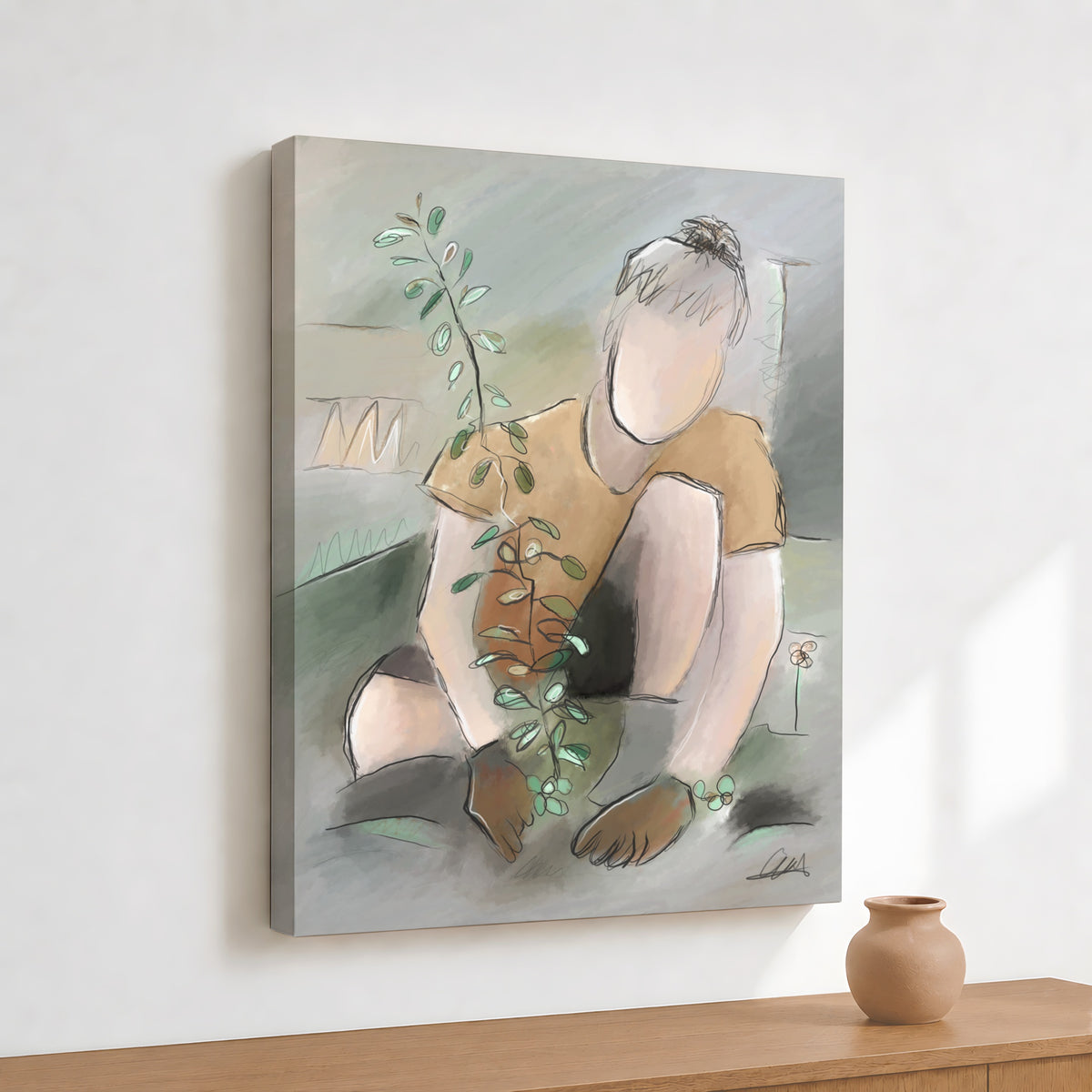Man Planting a Tree Wall Art | Neutral Palette Canvas Print