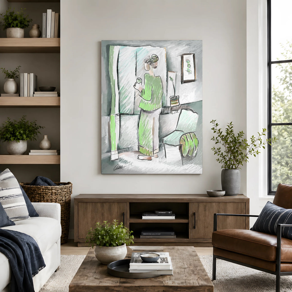 Woman Looking Out Window | Minimalist Print | Customizable Accent Color