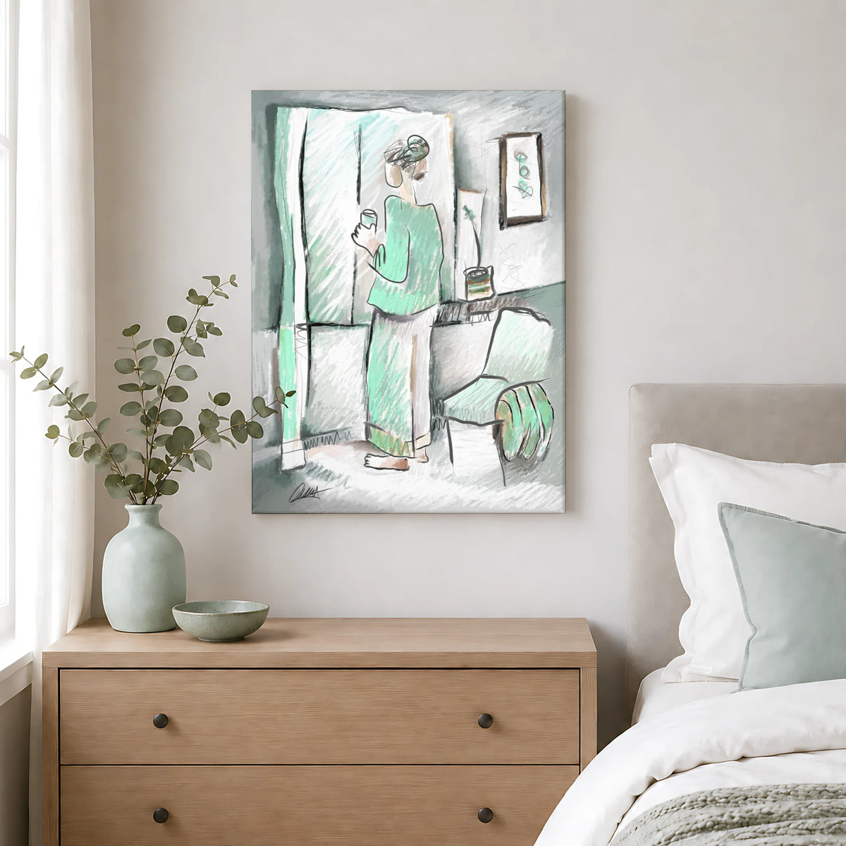 Woman Looking Out Window | Minimalist Print | Customizable Accent Color