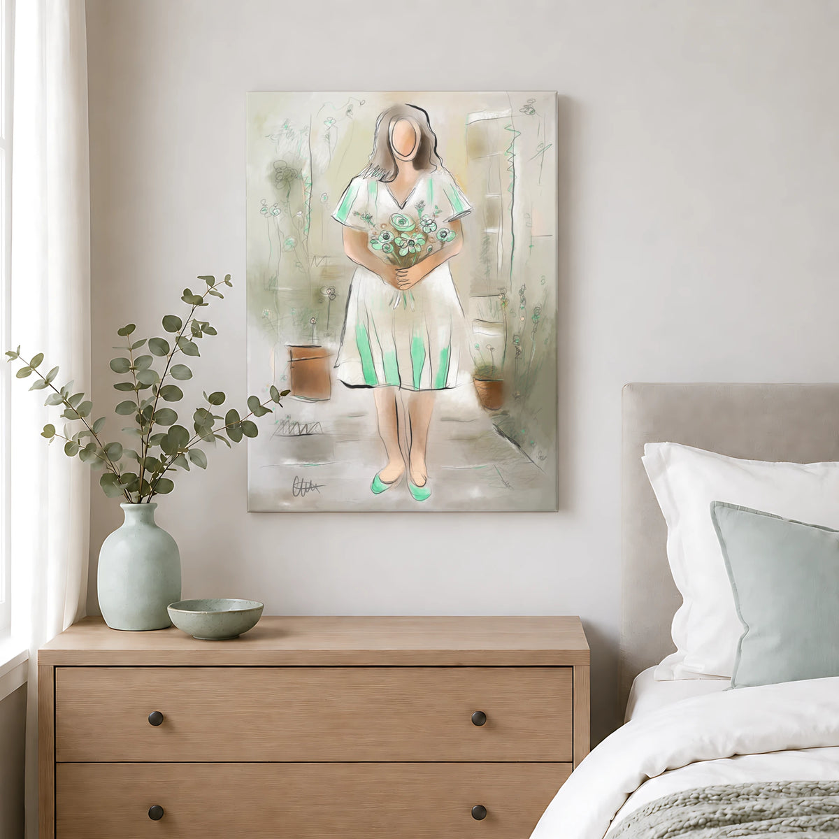 Woman with Flowers Wall Art | Earthy Neutral Print