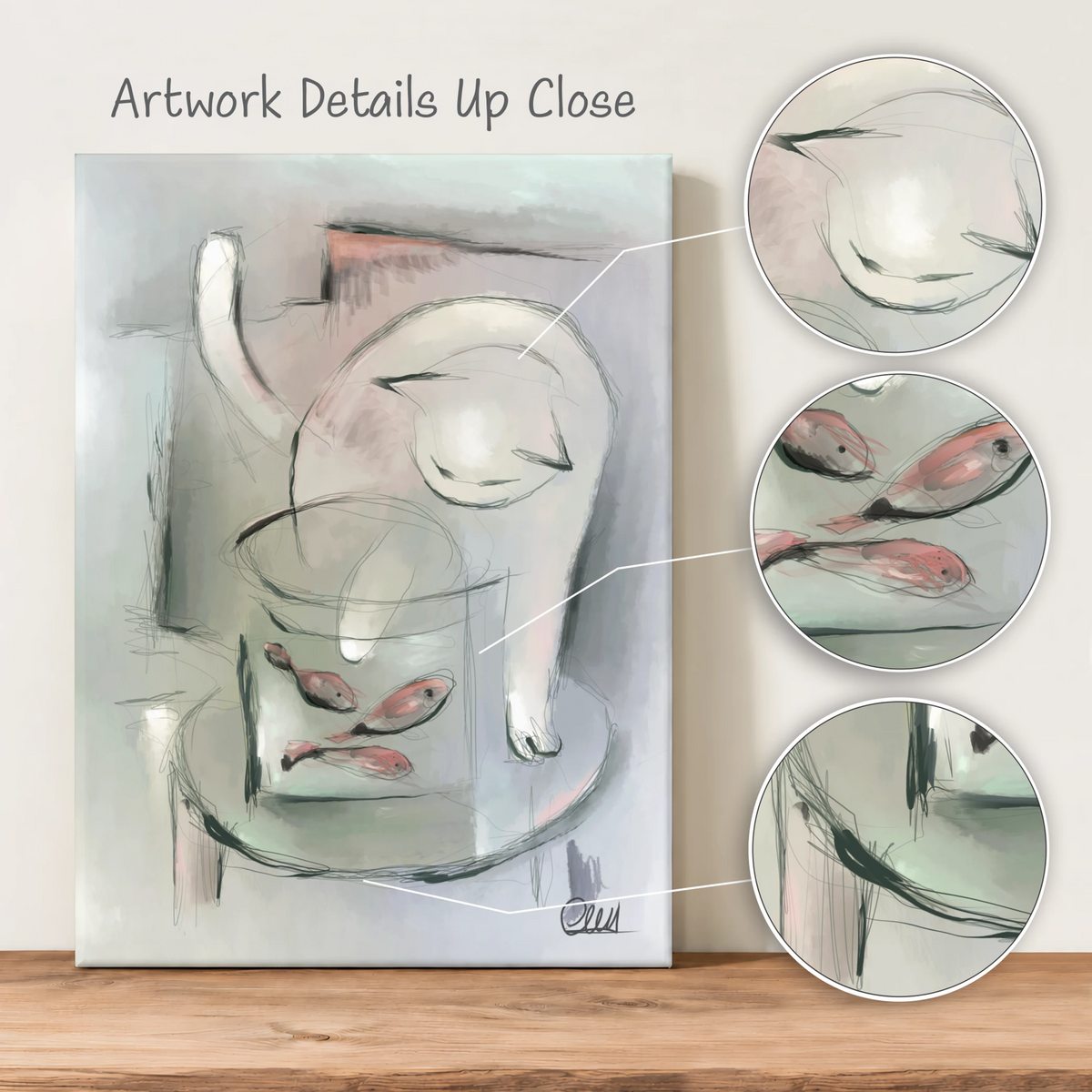 Whimsical Cat Art Print | Muted Palette with Custom Accent Color