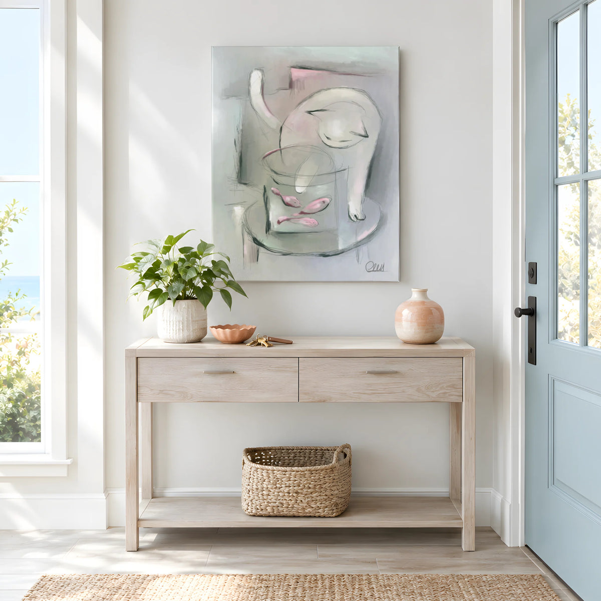 Whimsical Cat Art Print | Muted Palette with Custom Accent Color