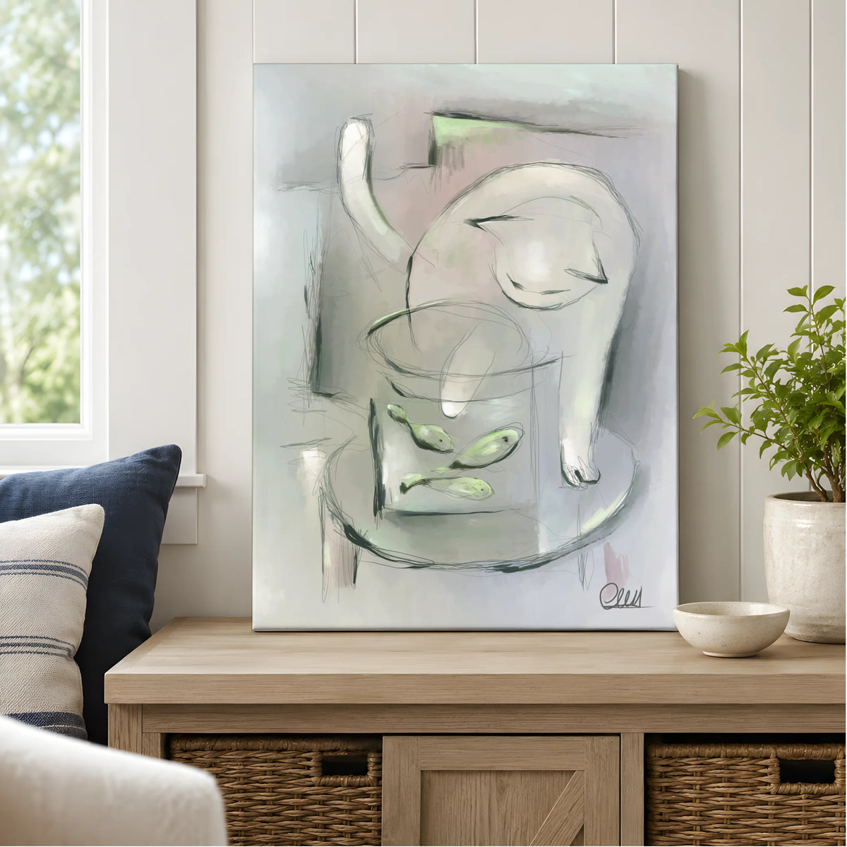 Whimsical Cat Art Print | Muted Palette with Custom Accent Color