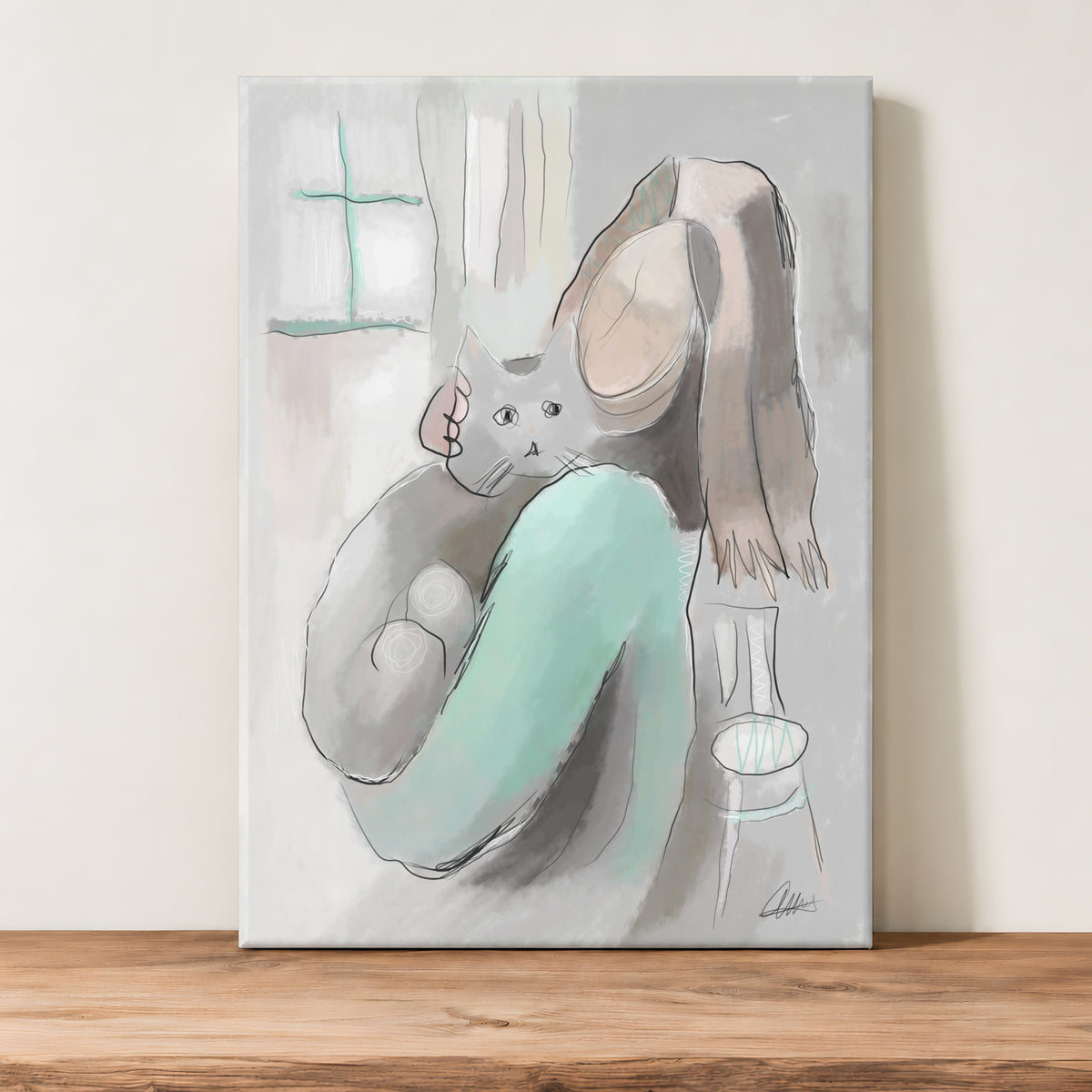 Woman Holding a Cat Canvas Wall Art | Expressive Line Art Print