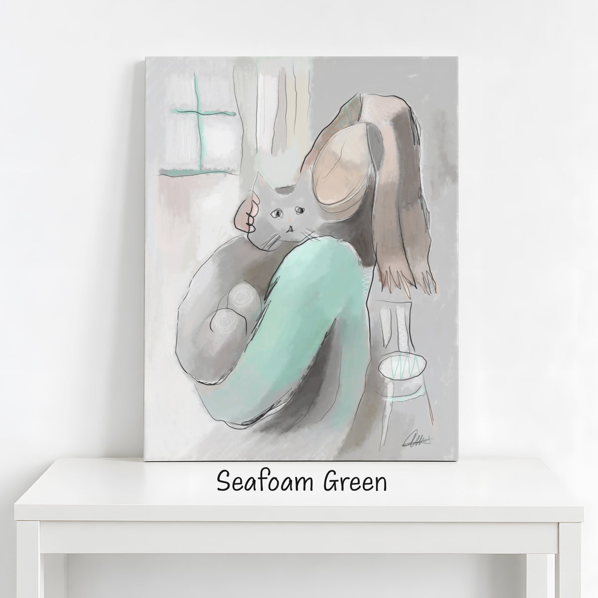 Woman Holding a Cat Canvas Wall Art | Expressive Line Art Print