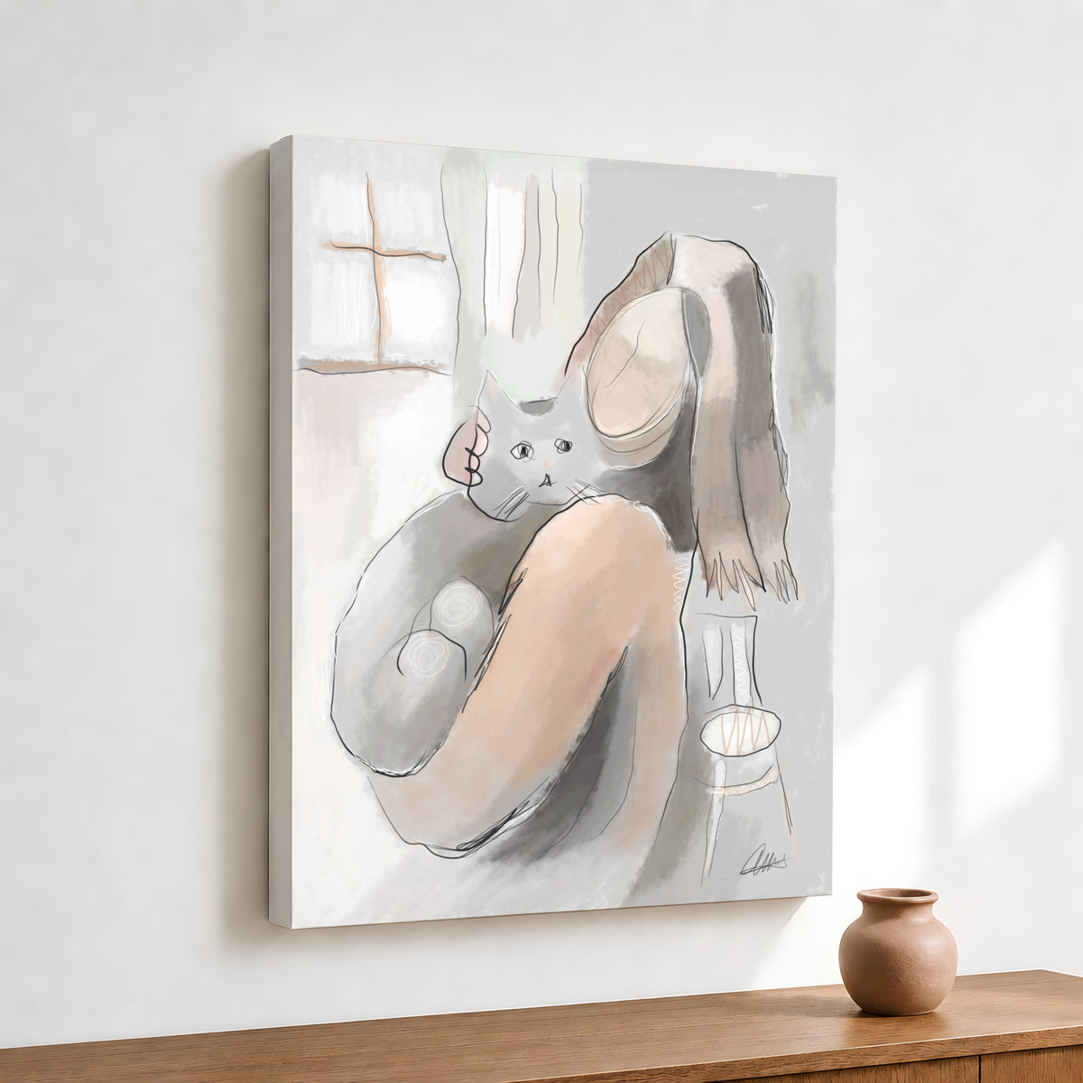 Woman Holding a Cat Canvas Wall Art | Expressive Line Art Print