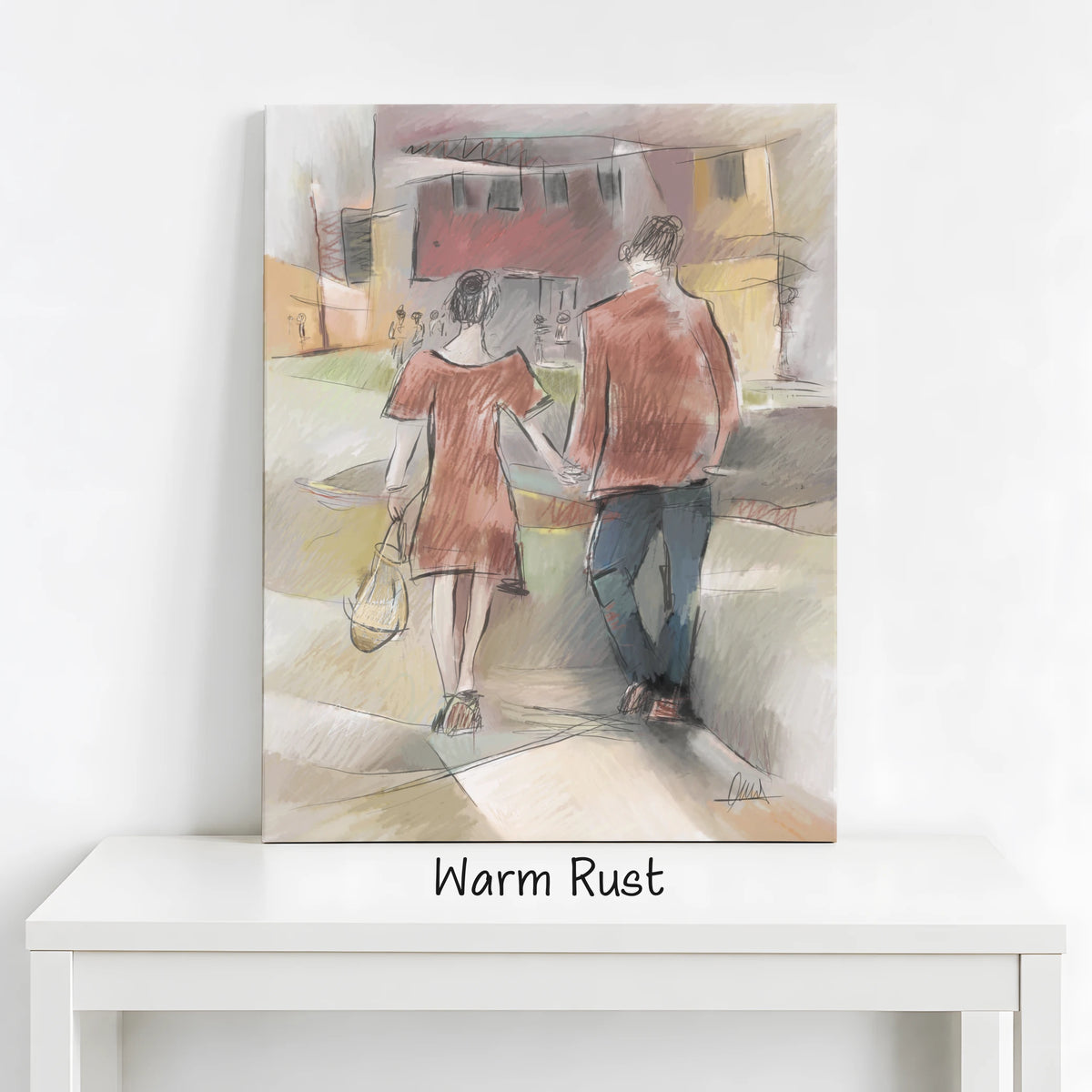 Couple Walking Urban Street Canvas Print | Impressionist Style