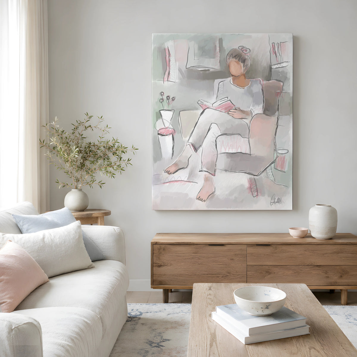 Woman Reading Canvas Wall Art | Neutral Line Art Print
