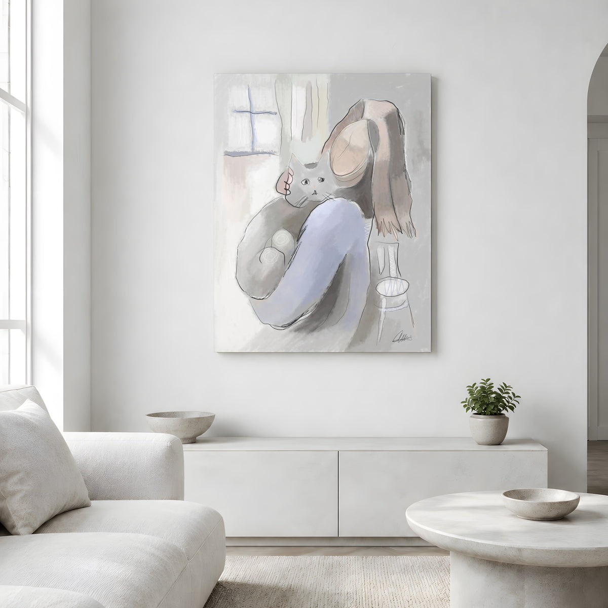 Woman Holding a Cat Canvas Wall Art | Expressive Line Art Print