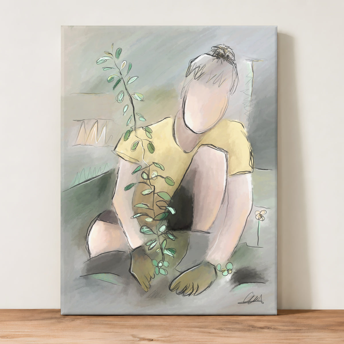 Man Planting a Tree Wall Art | Neutral Palette Canvas Print