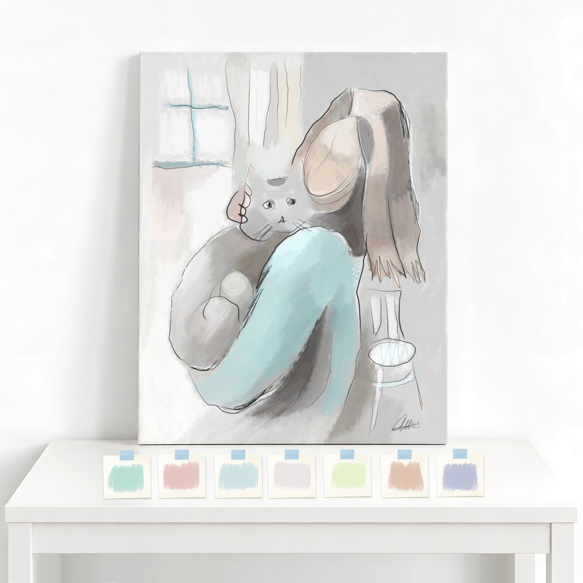 Woman Holding a Cat Canvas Wall Art | Expressive Line Art Print