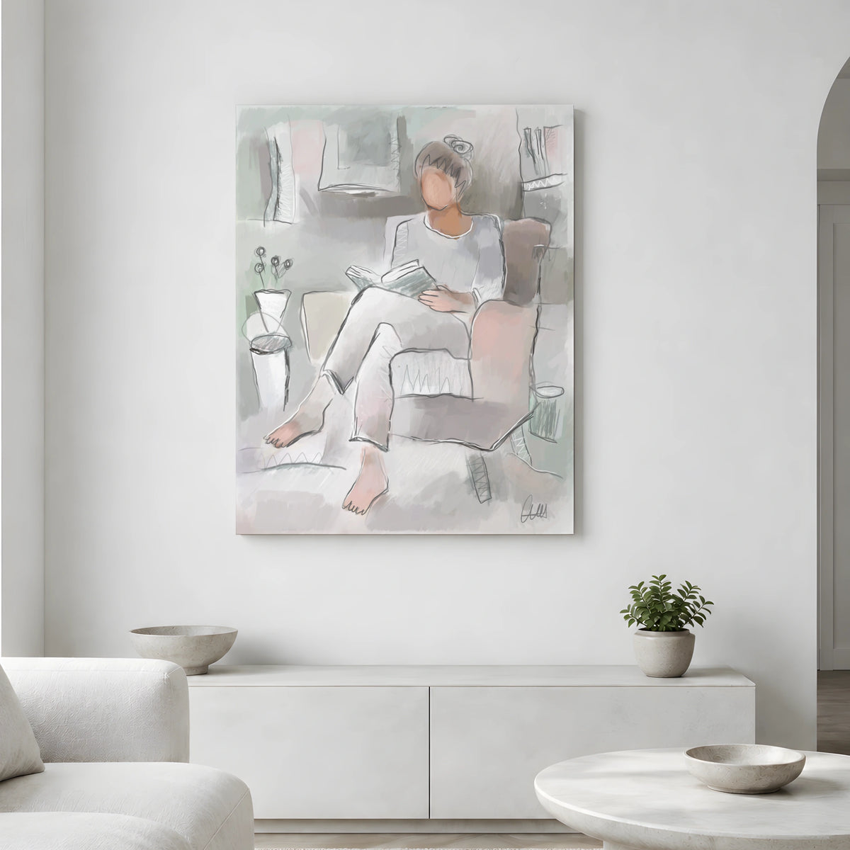 Woman Reading Canvas Wall Art | Neutral Line Art Print