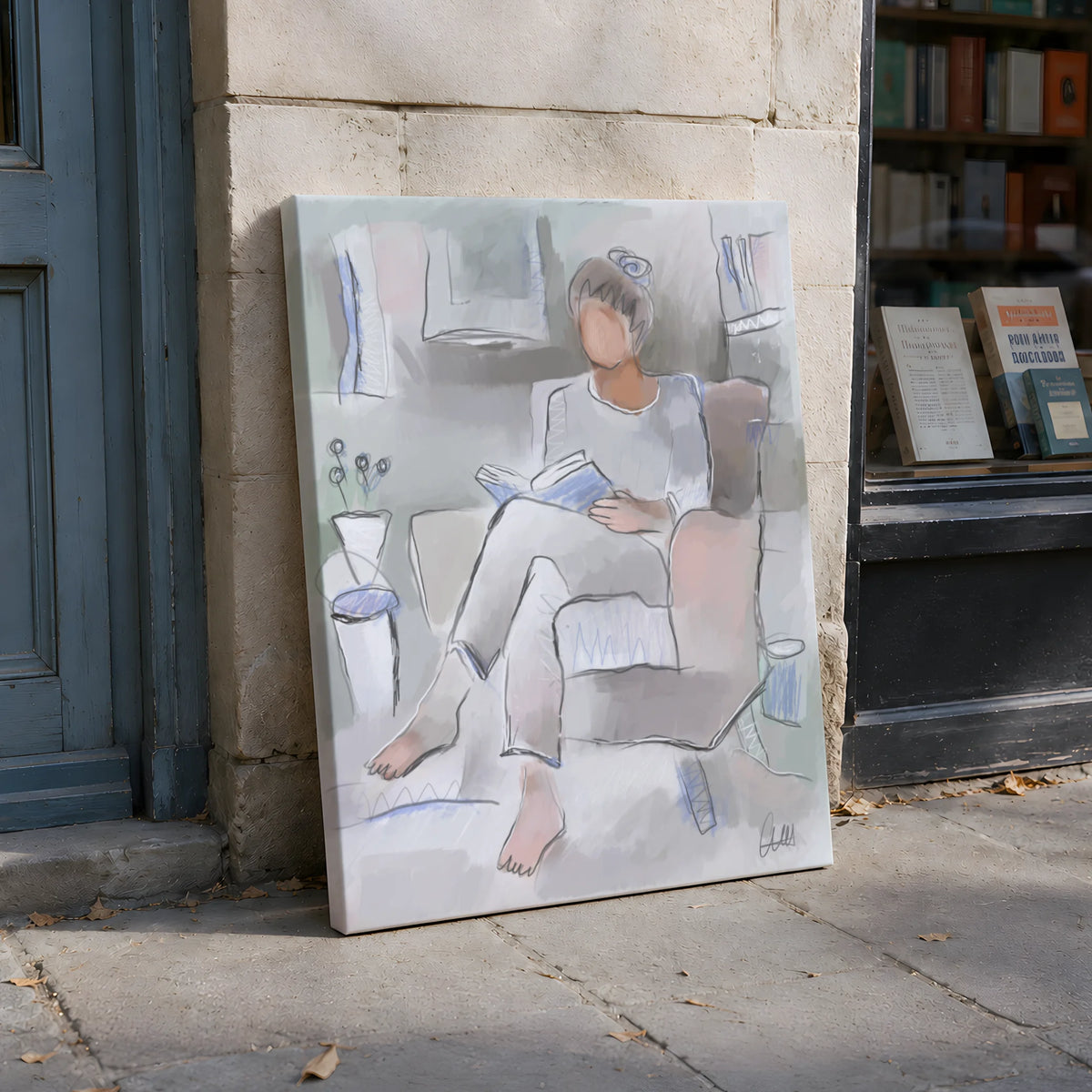 Woman Reading Canvas Wall Art | Neutral Line Art Print