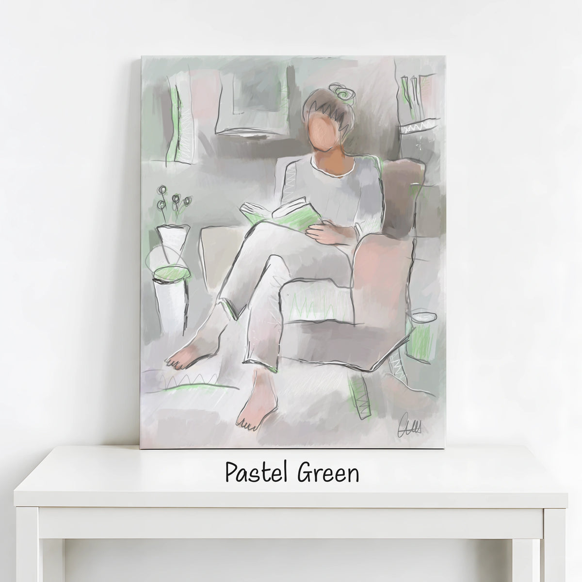 Woman Reading Canvas Wall Art | Neutral Line Art Print