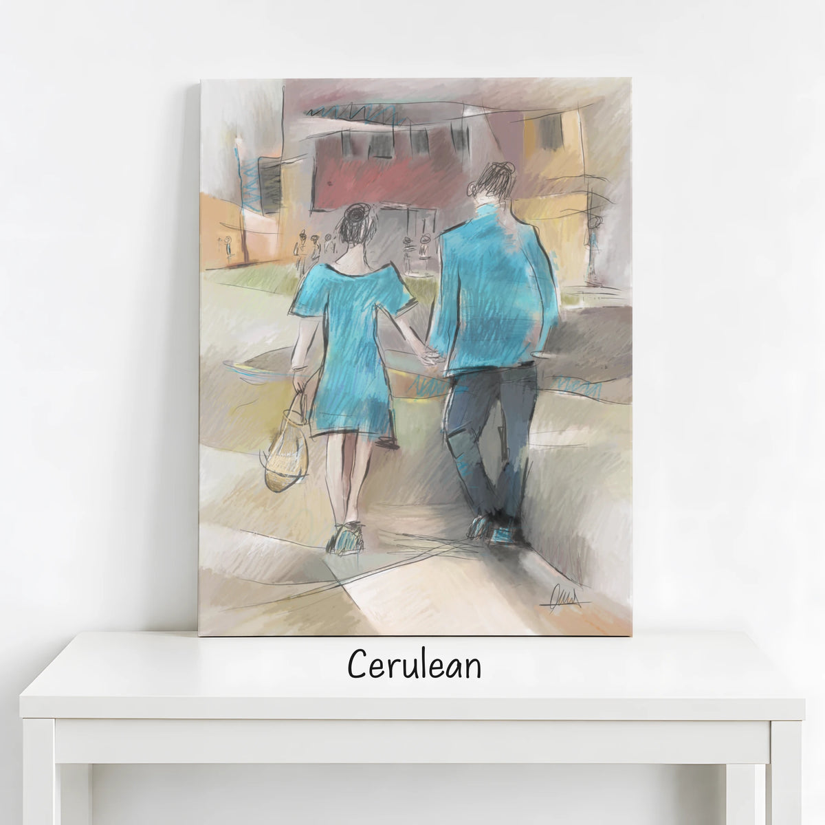 Couple Walking Urban Street Canvas Print | Impressionist Style