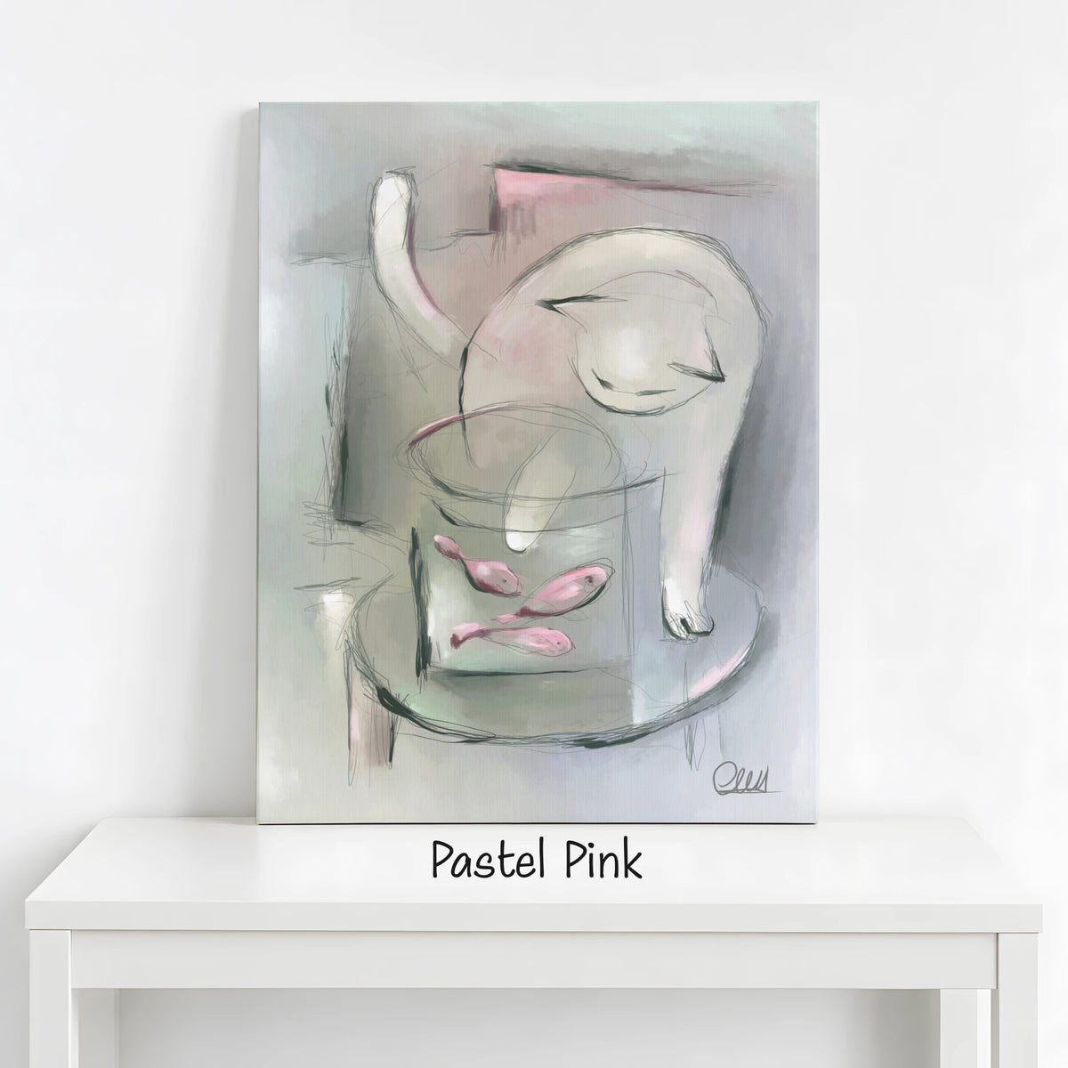 Whimsical Cat Art Print | Muted Palette with Custom Accent Color