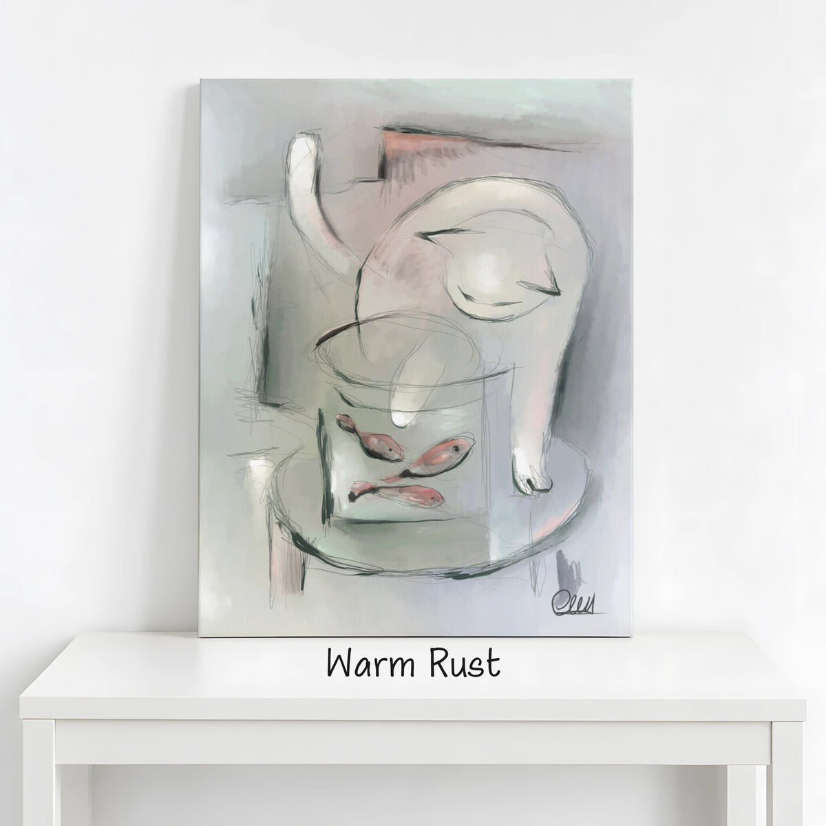 Whimsical Cat Art Print | Muted Palette with Custom Accent Color
