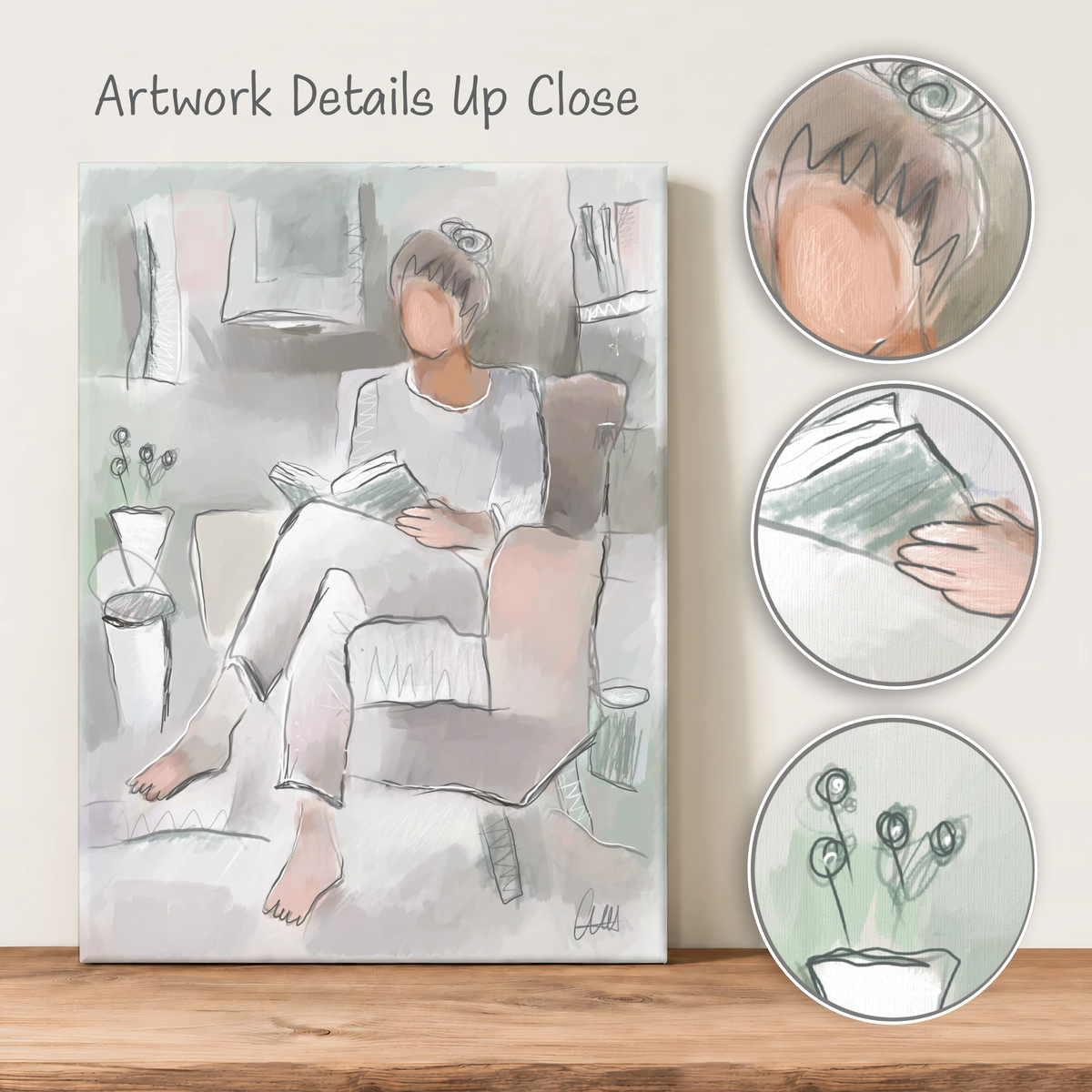 Woman Reading Canvas Wall Art | Neutral Line Art Print