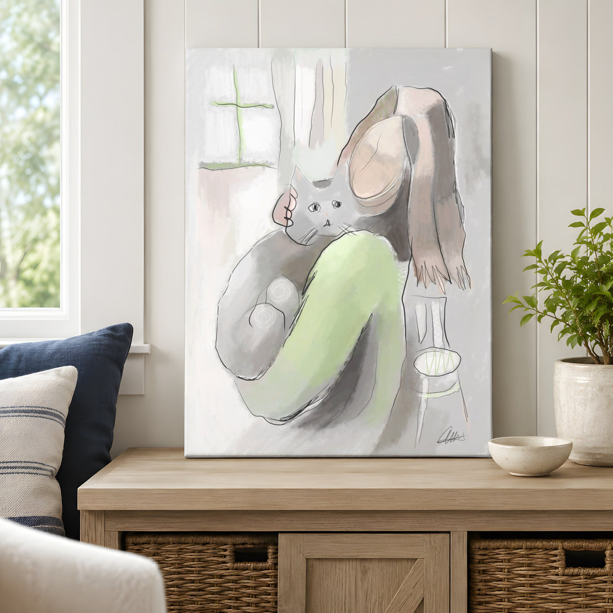 Woman Holding a Cat Canvas Wall Art | Expressive Line Art Print
