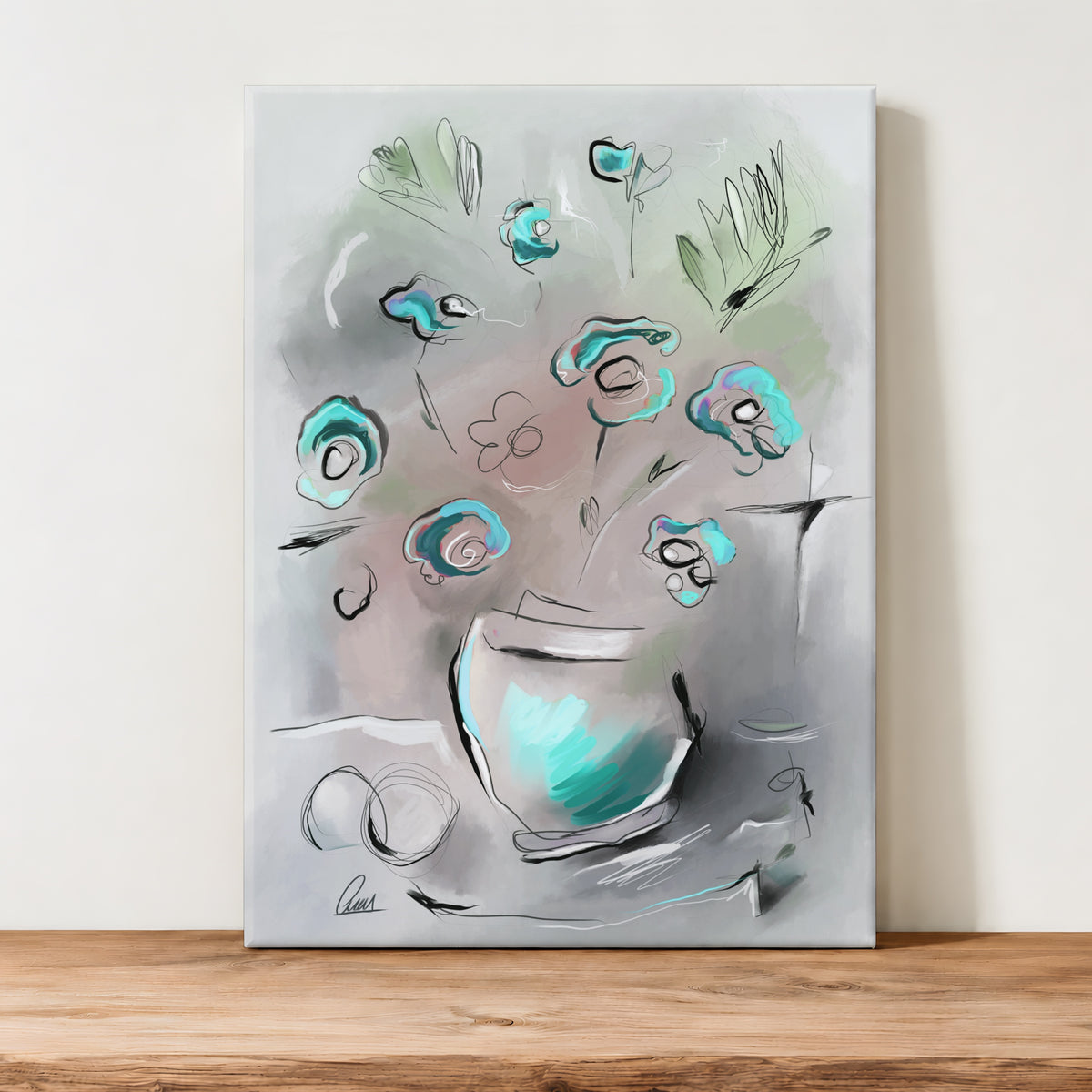An abstract canvas painting of a vase with flowers, displayed on a wooden surface against a white wall. The artwork features a gray and white background with teal, green, and black brushstrokes.