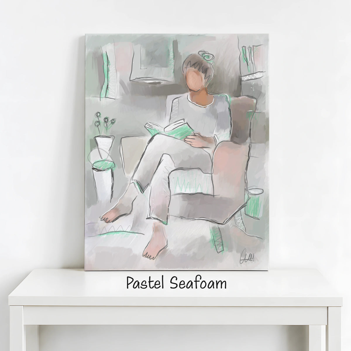Woman Reading Canvas Wall Art | Neutral Line Art Print