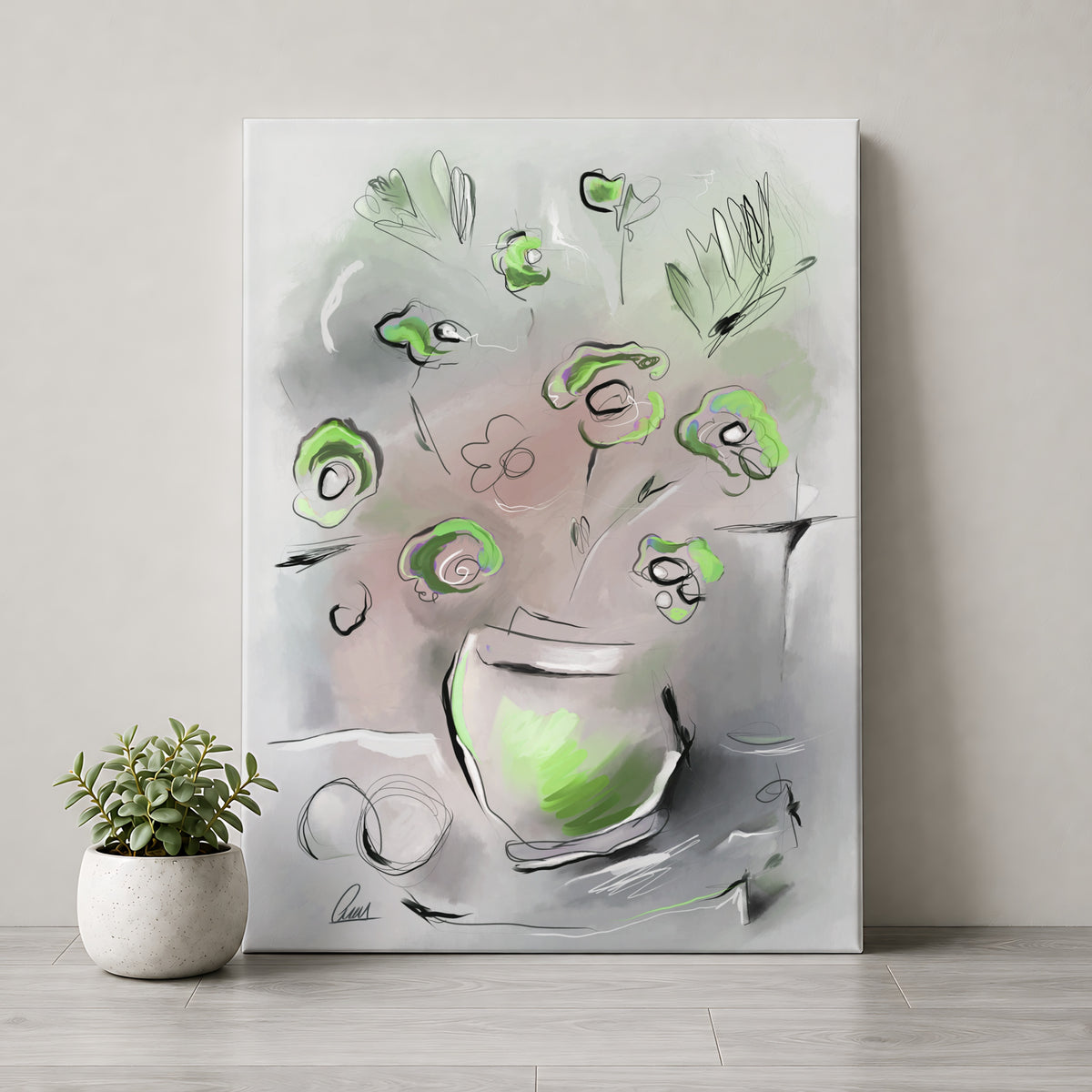 Abstract canvas wall art leaning against a light beige wall on a gray wood floor, next to a small potted green plant. The artwork features a gray and white background with green and black floral and botanical sketches.