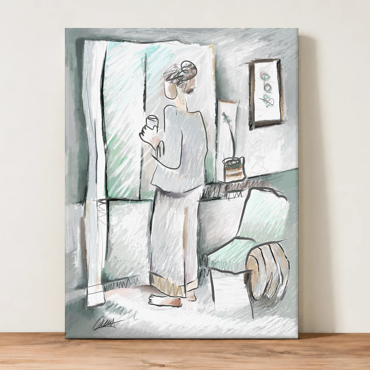 Woman Looking Out Window | Minimalist Print | Customizable Accent Color