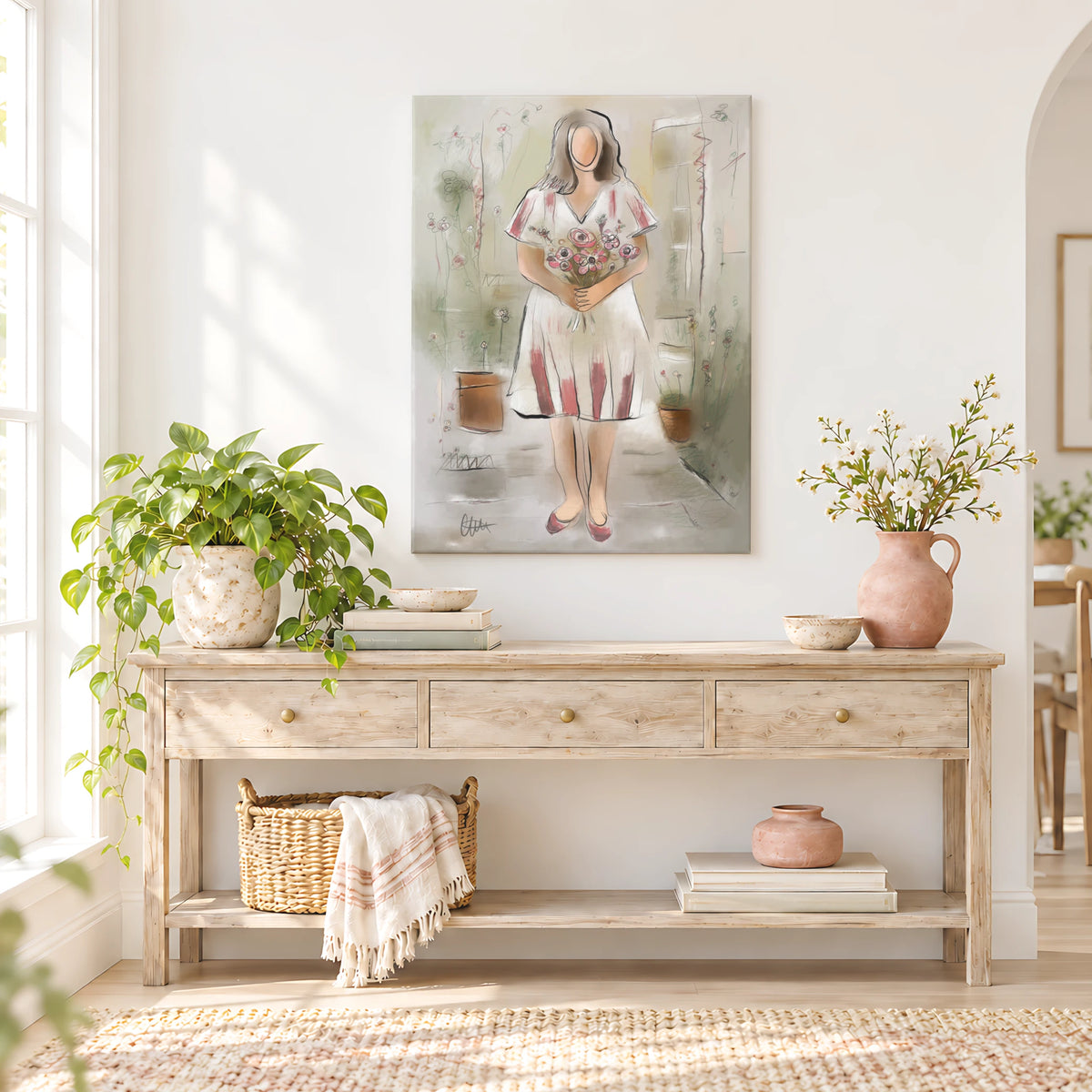 Woman with Flowers Wall Art | Earthy Neutral Print