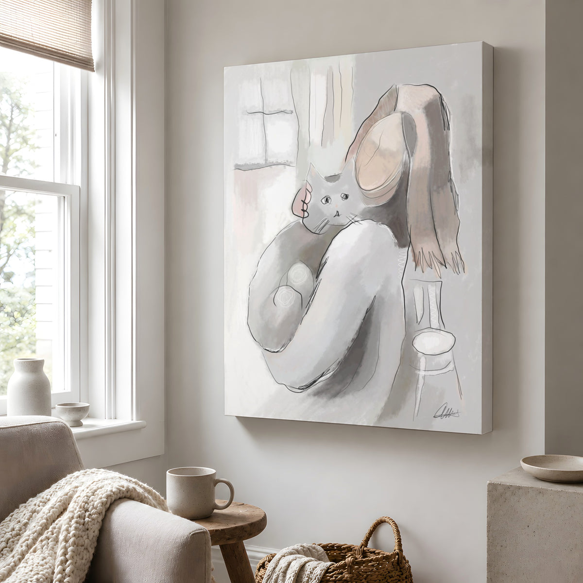 Woman Holding a Cat Canvas Wall Art | Expressive Line Art Print