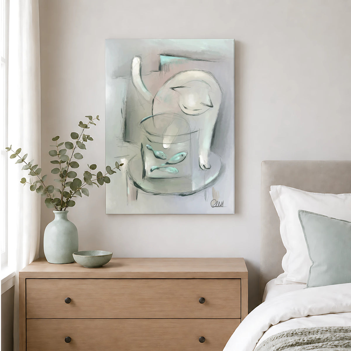 Whimsical Cat Art Print | Muted Palette with Custom Accent Color