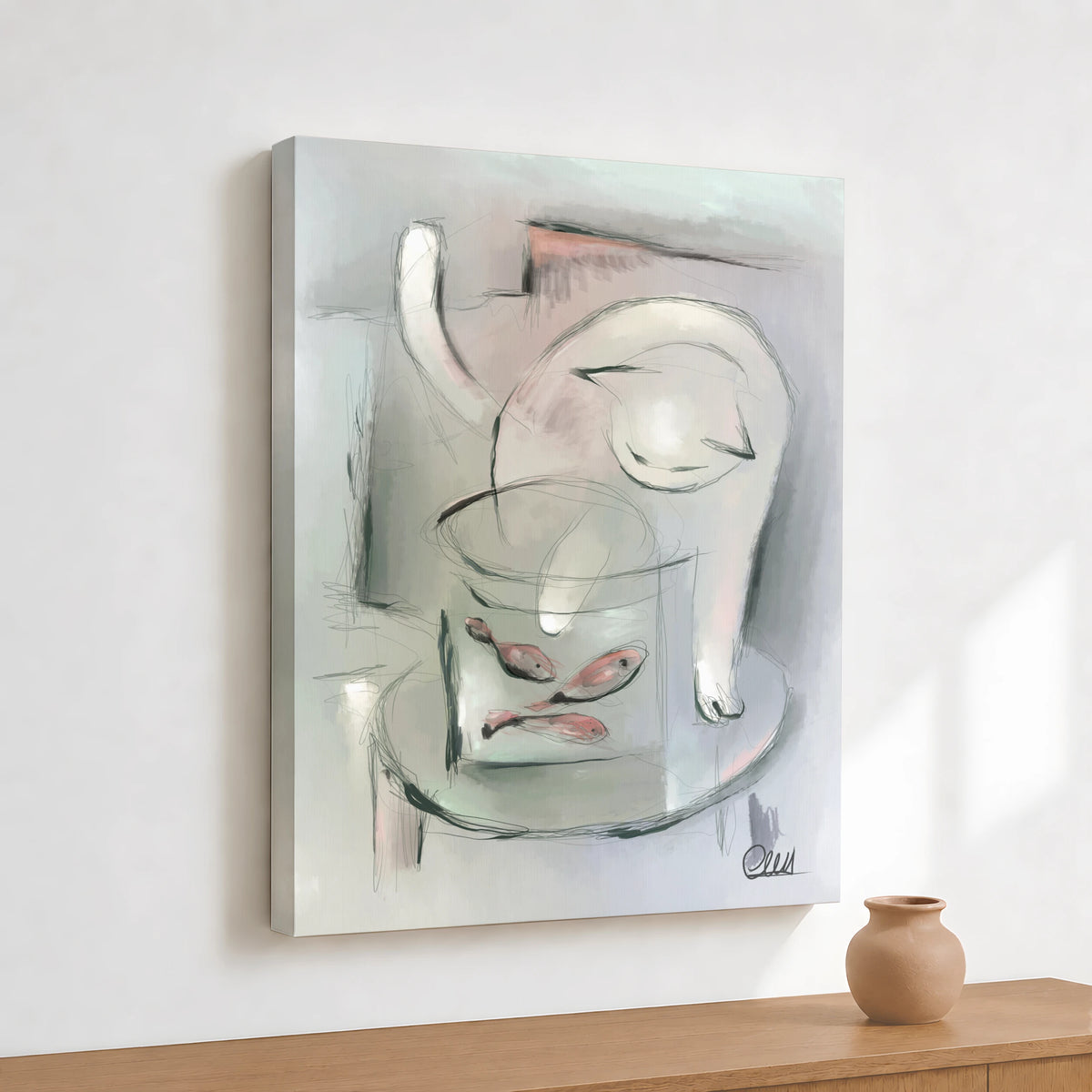 Whimsical Cat Art Print | Muted Palette with Custom Accent Color