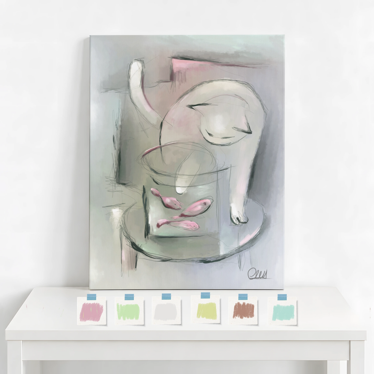 Whimsical Cat Art Print | Muted Palette with Custom Accent Color