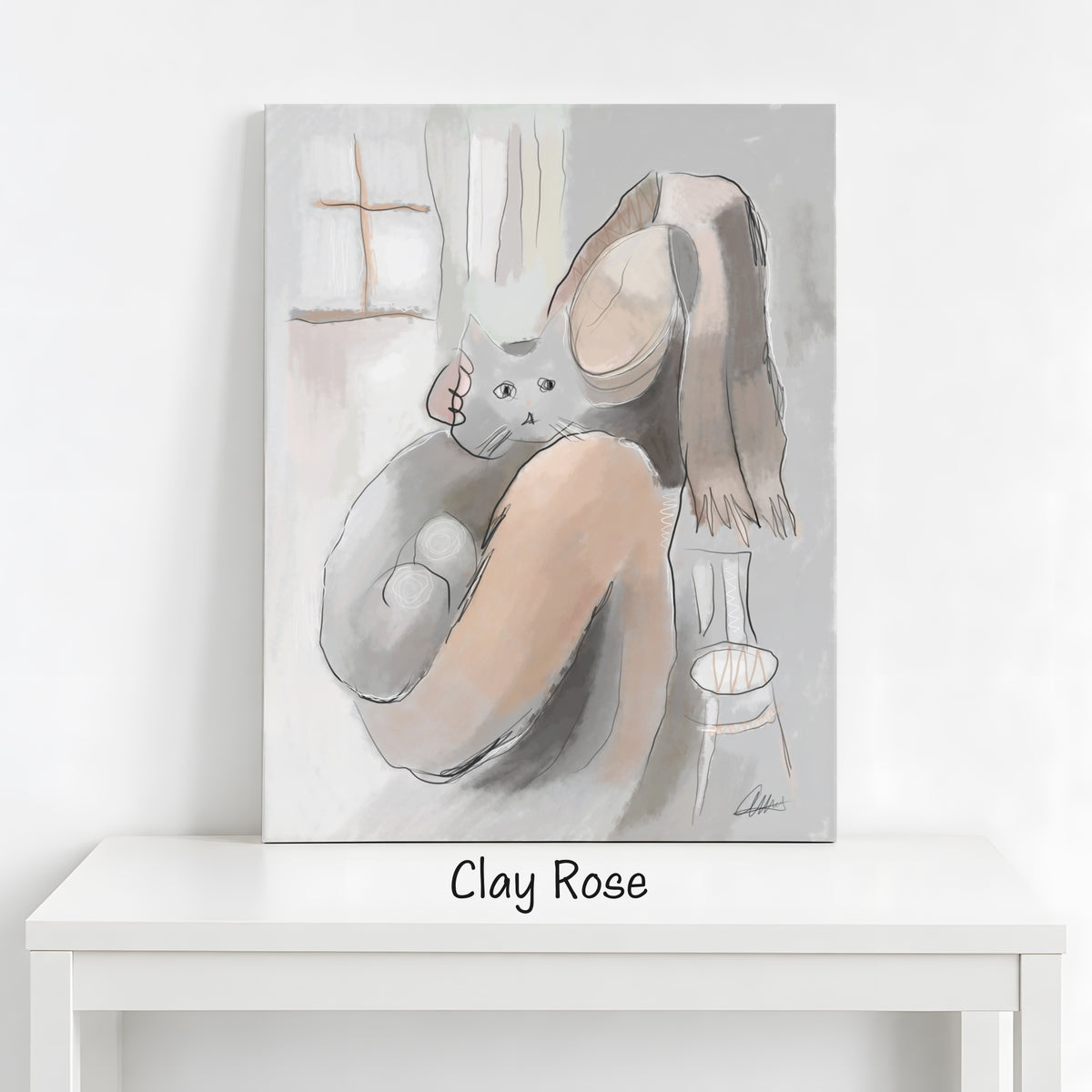 Woman Holding a Cat Canvas Wall Art | Expressive Line Art Print