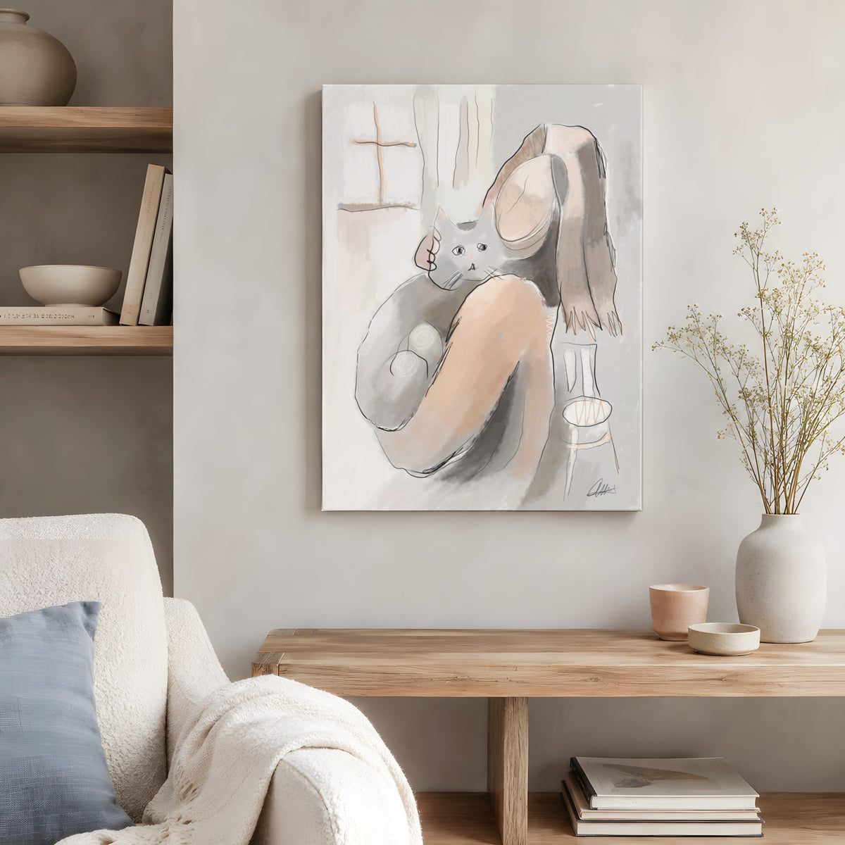 Woman Holding a Cat Canvas Wall Art | Expressive Line Art Print