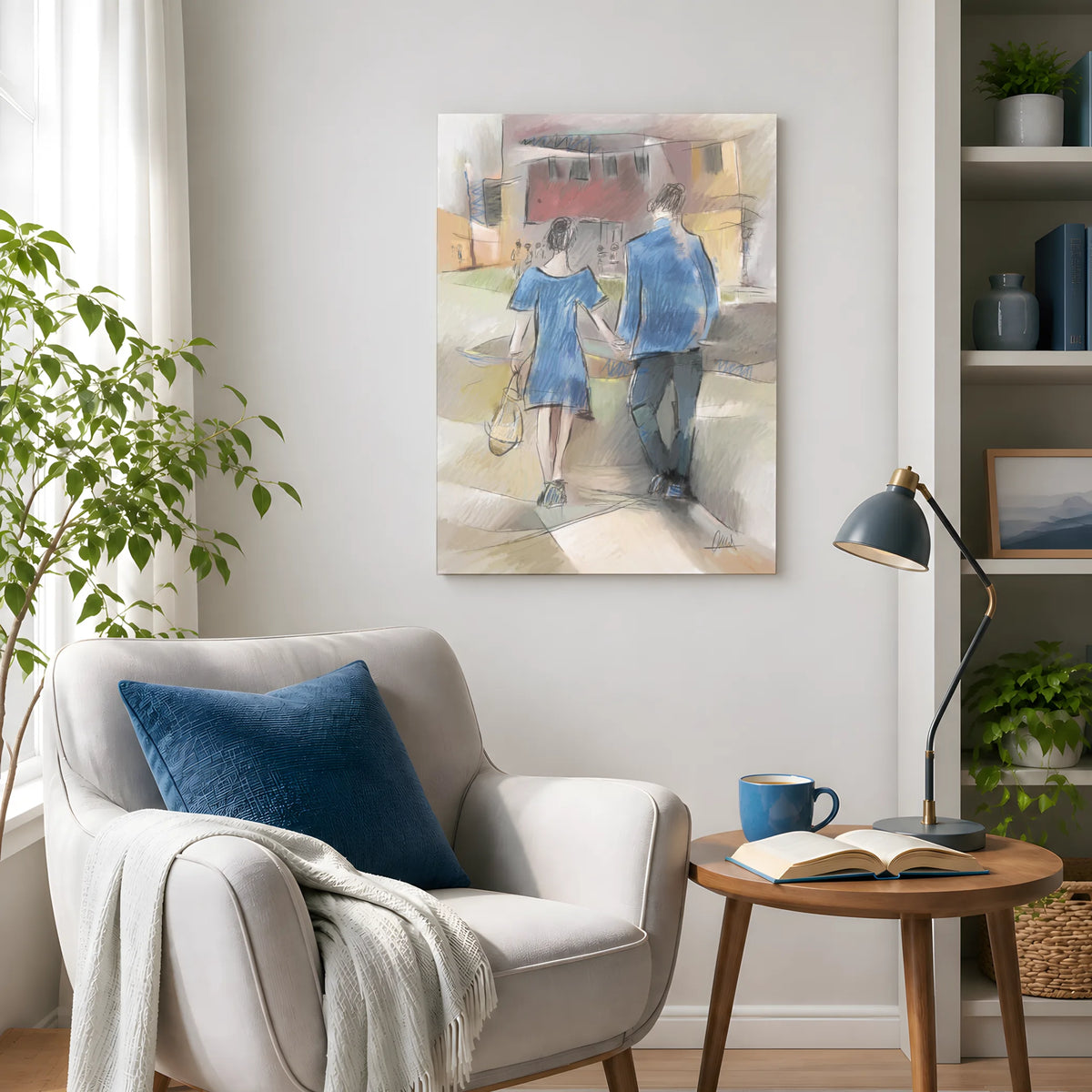 Couple Walking Urban Street Canvas Print | Impressionist Style