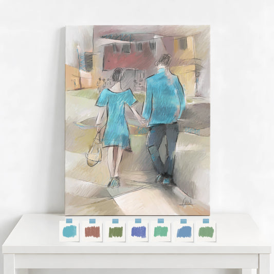 Couple Walking Urban Street Canvas Print | Impressionist Style