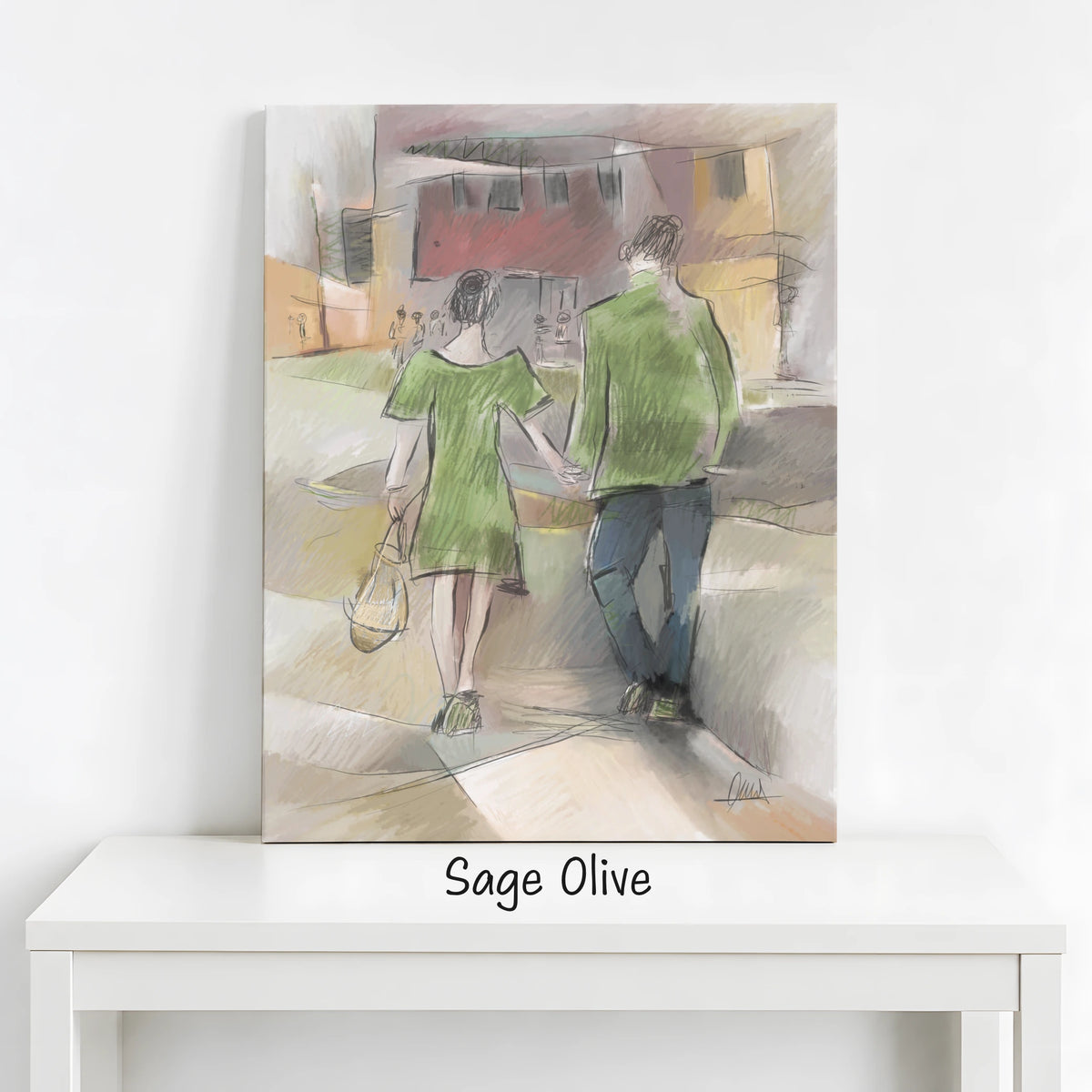 Couple Walking Urban Street Canvas Print | Impressionist Style