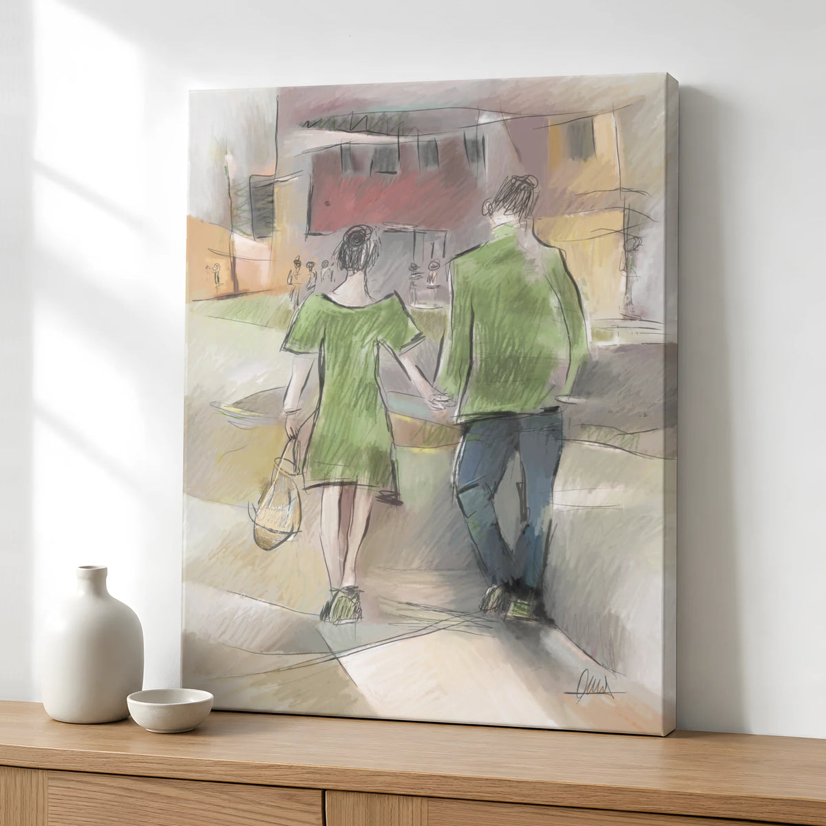 Couple Walking Urban Street Canvas Print | Impressionist Style