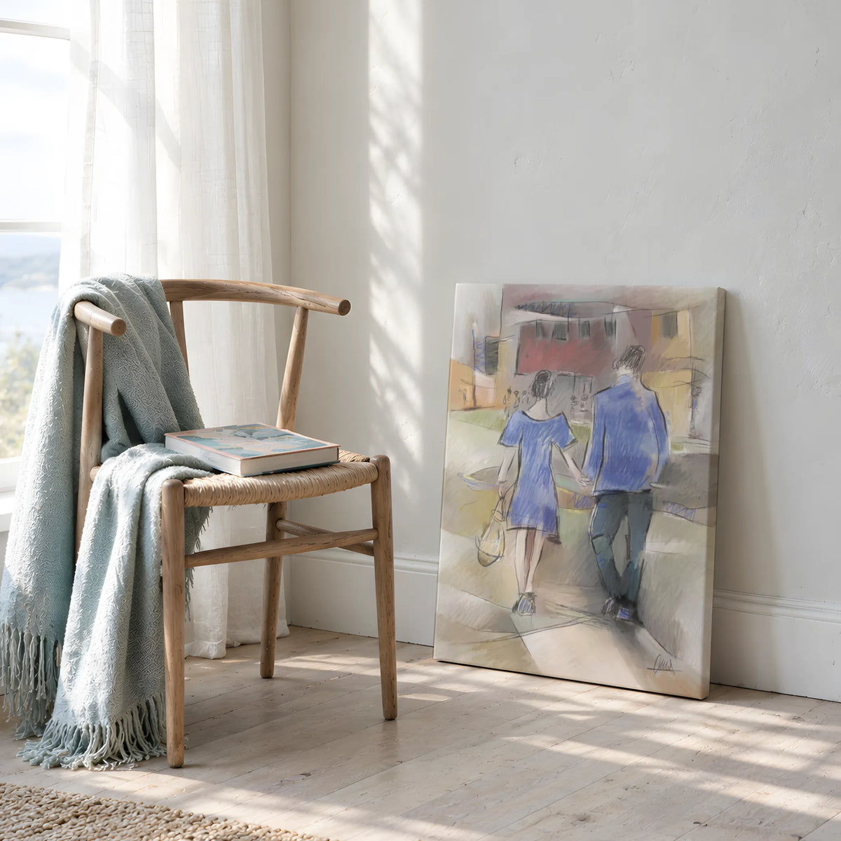 Couple Walking Urban Street Canvas Print | Impressionist Style