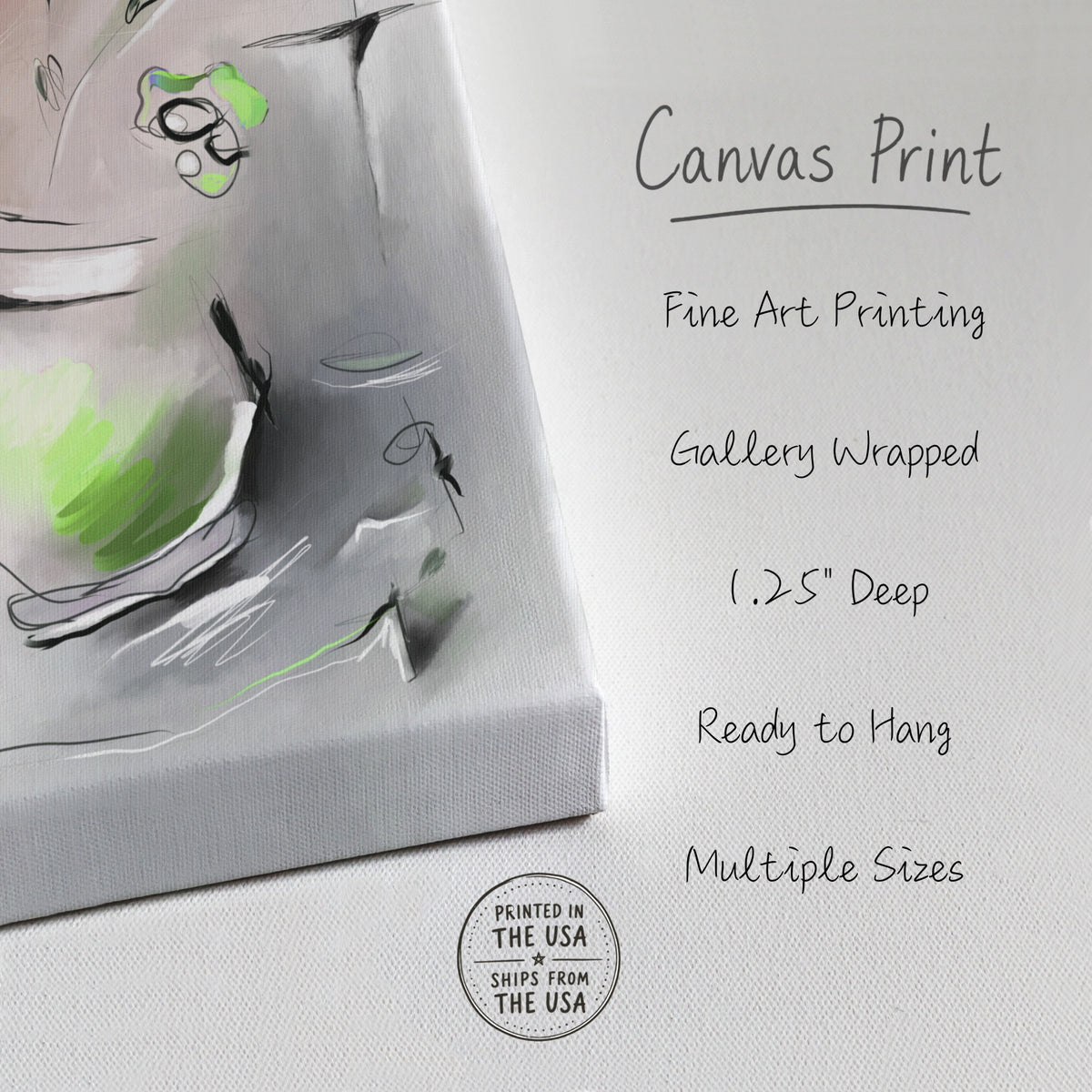 A gallery-wrapped canvas print with an abstract painting design, shown alongside text detailing product features such as 'Canvas Print', 'Fine Art Printing', 'Gallery Wrapped', '1.25" Deep', 'Ready to Hang', and 'Multiple Sizes'.