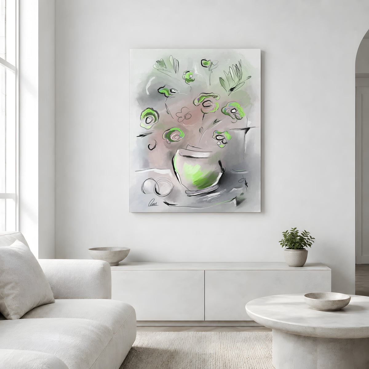 An abstract canvas painting featuring a green vase and floral motifs in shades of green, gray, and white, displayed on a white wall in a modern, minimalist living room setting.