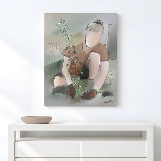 Man Planting a Tree Wall Art | Neutral Palette Canvas Print