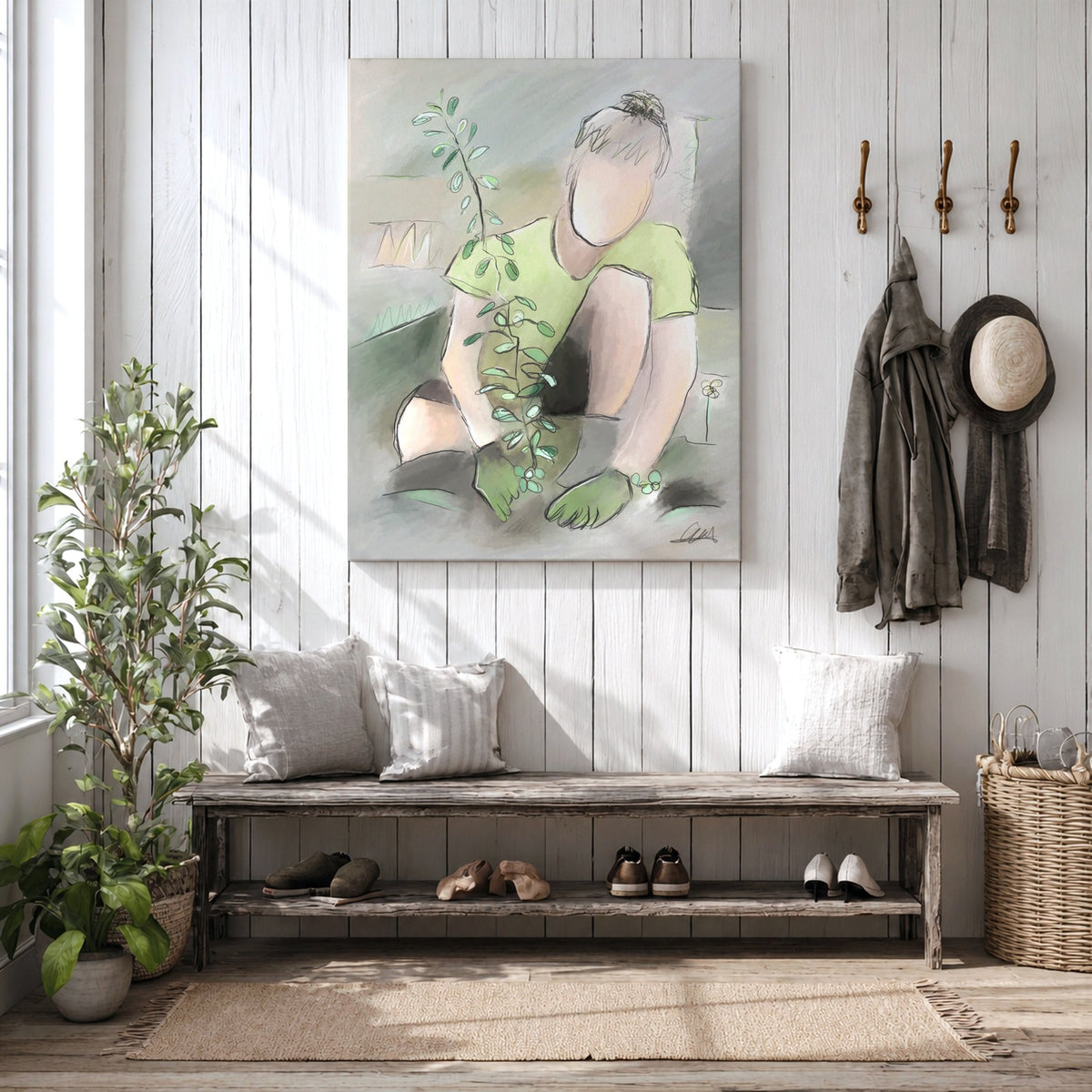 Man Planting a Tree Wall Art | Neutral Palette Canvas Print
