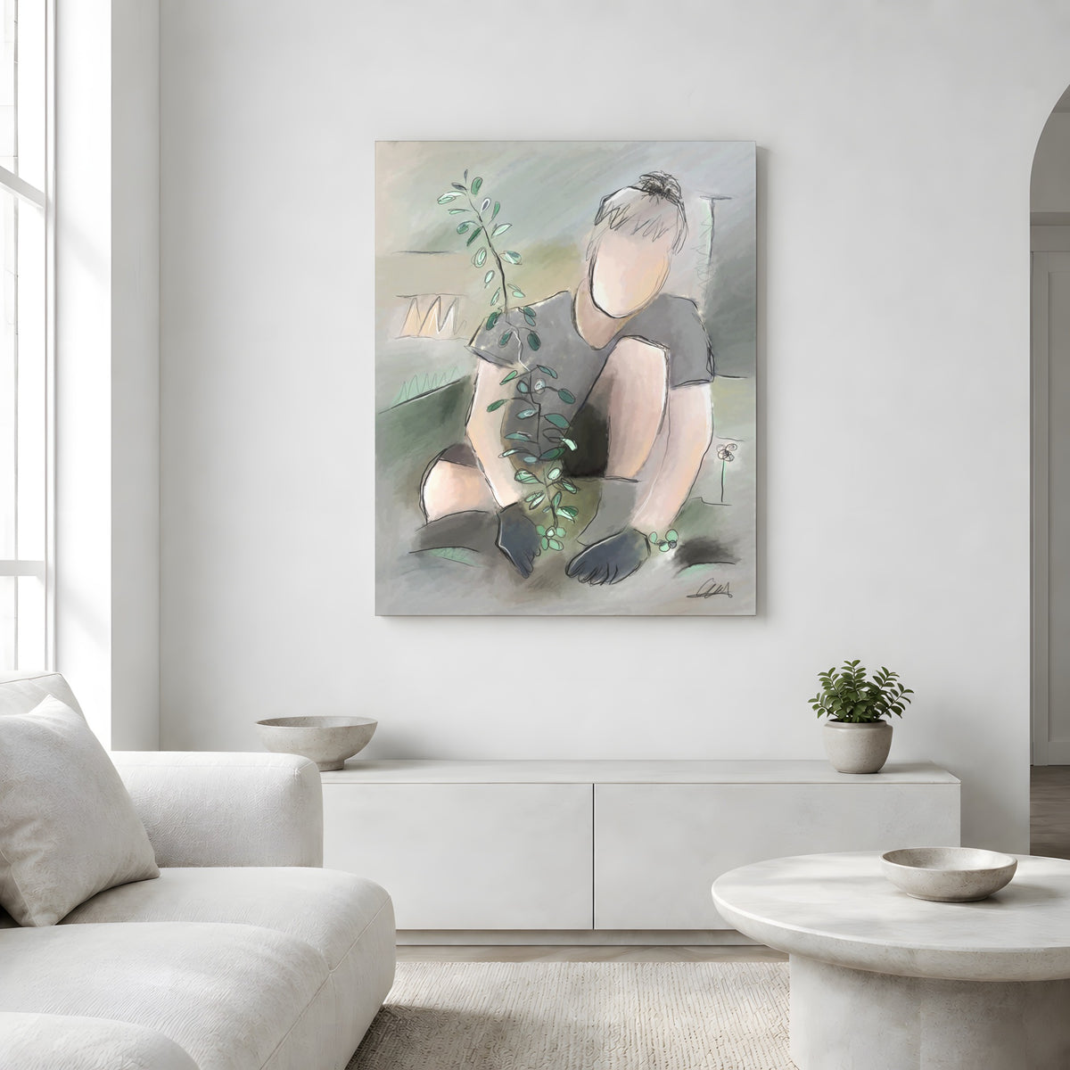 Man Planting a Tree Wall Art | Neutral Palette Canvas Print