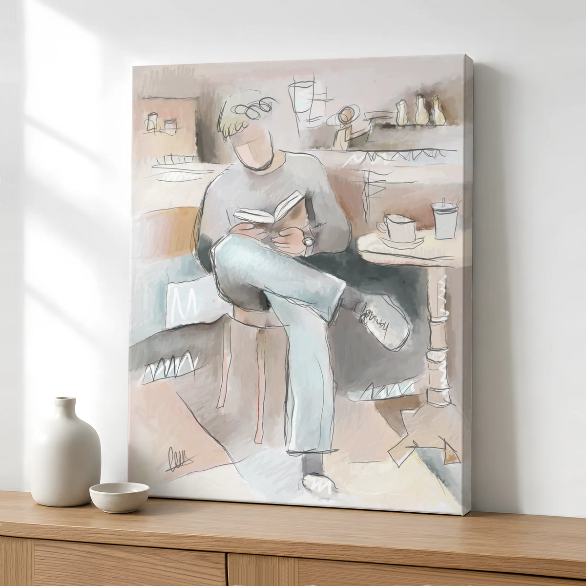 Man Reading in Coffee Shop Canvas Print | Organic Modern Wall Art