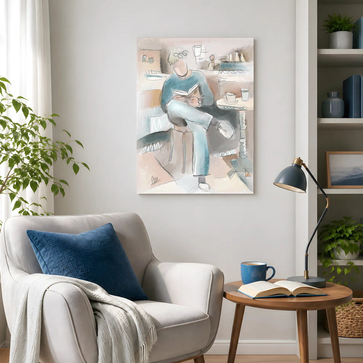 Man Reading in Coffee Shop Canvas Print | Organic Modern Wall Art