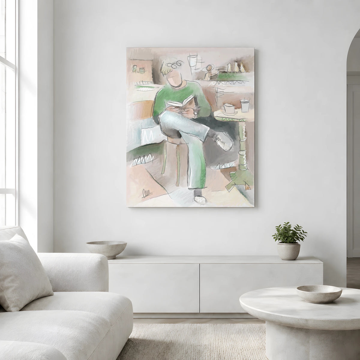 Man Reading in Coffee Shop Canvas Print | Organic Modern Wall Art