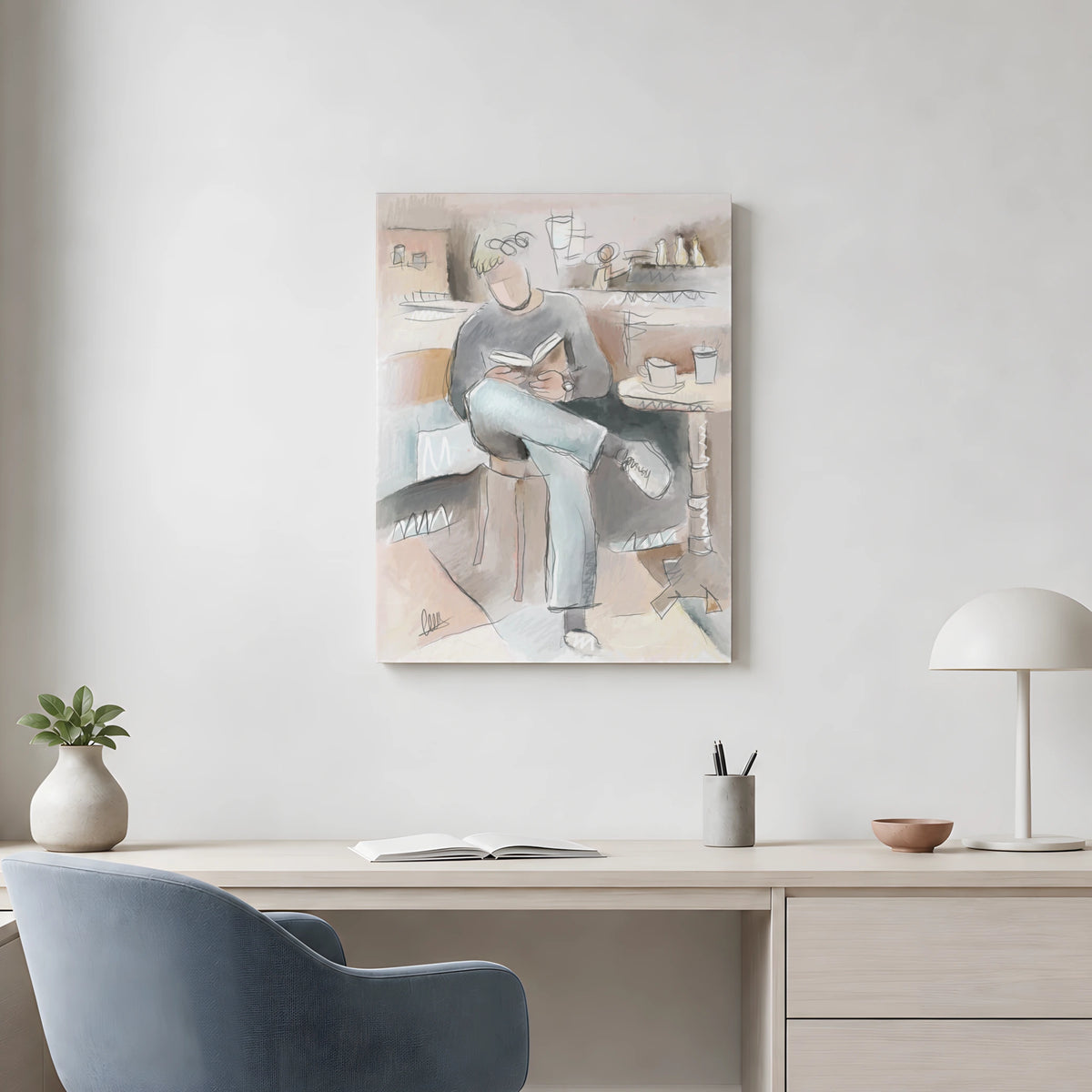 Man Reading in Coffee Shop Canvas Print | Organic Modern Wall Art